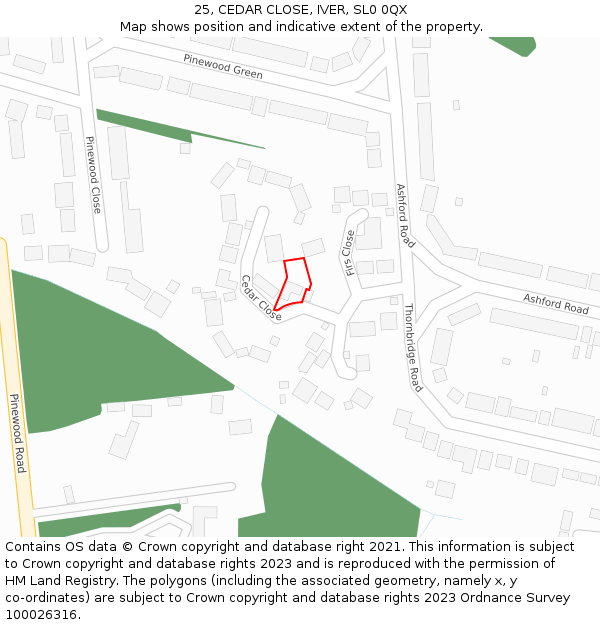 25, CEDAR CLOSE, IVER, SL0 0QX: Location map and indicative extent of plot