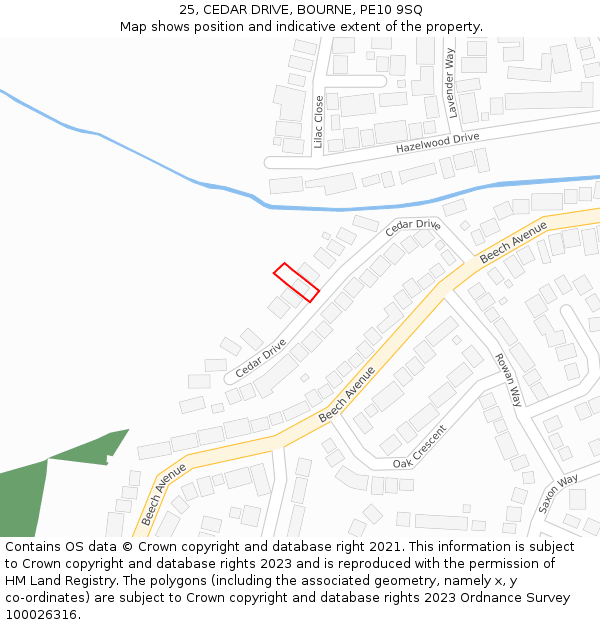 25, CEDAR DRIVE, BOURNE, PE10 9SQ: Location map and indicative extent of plot