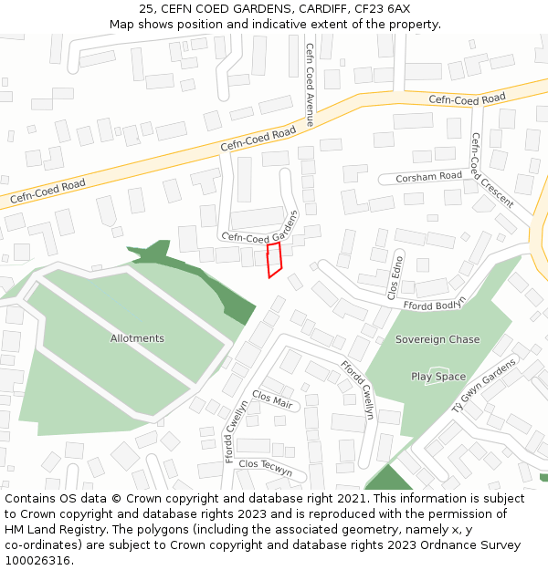 25, CEFN COED GARDENS, CARDIFF, CF23 6AX: Location map and indicative extent of plot