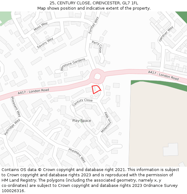 25, CENTURY CLOSE, CIRENCESTER, GL7 1FL: Location map and indicative extent of plot