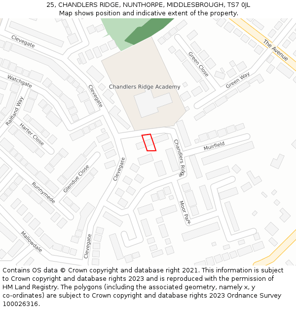 25, CHANDLERS RIDGE, NUNTHORPE, MIDDLESBROUGH, TS7 0JL: Location map and indicative extent of plot