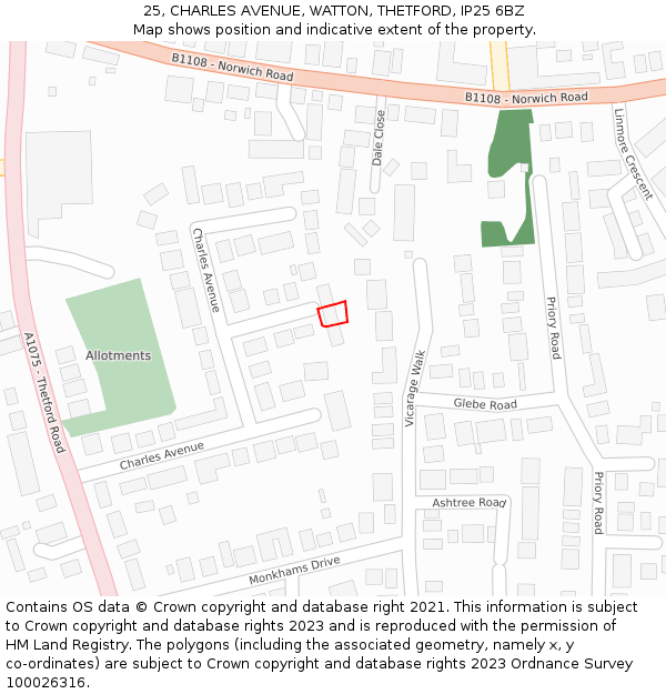 25, CHARLES AVENUE, WATTON, THETFORD, IP25 6BZ: Location map and indicative extent of plot