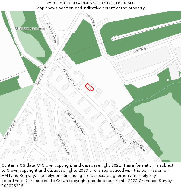 25, CHARLTON GARDENS, BRISTOL, BS10 6LU: Location map and indicative extent of plot