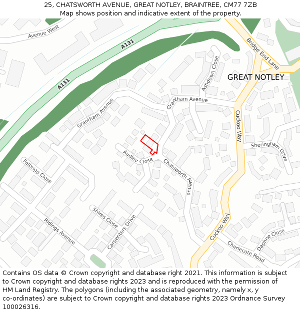 25, CHATSWORTH AVENUE, GREAT NOTLEY, BRAINTREE, CM77 7ZB: Location map and indicative extent of plot