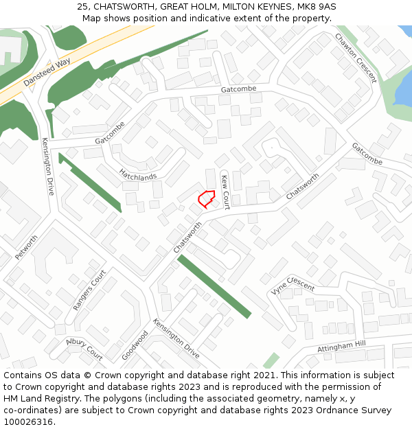 25, CHATSWORTH, GREAT HOLM, MILTON KEYNES, MK8 9AS: Location map and indicative extent of plot