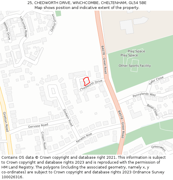 25, CHEDWORTH DRIVE, WINCHCOMBE, CHELTENHAM, GL54 5BE: Location map and indicative extent of plot