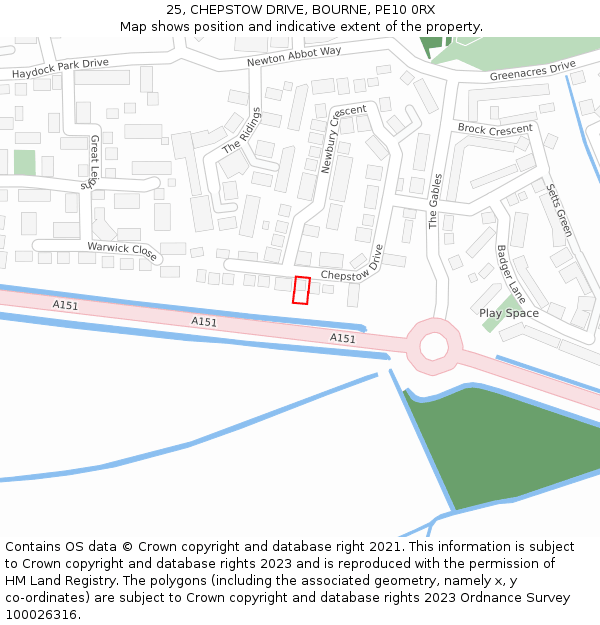 25, CHEPSTOW DRIVE, BOURNE, PE10 0RX: Location map and indicative extent of plot