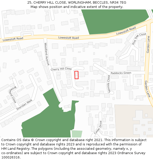 25, CHERRY HILL CLOSE, WORLINGHAM, BECCLES, NR34 7EG: Location map and indicative extent of plot
