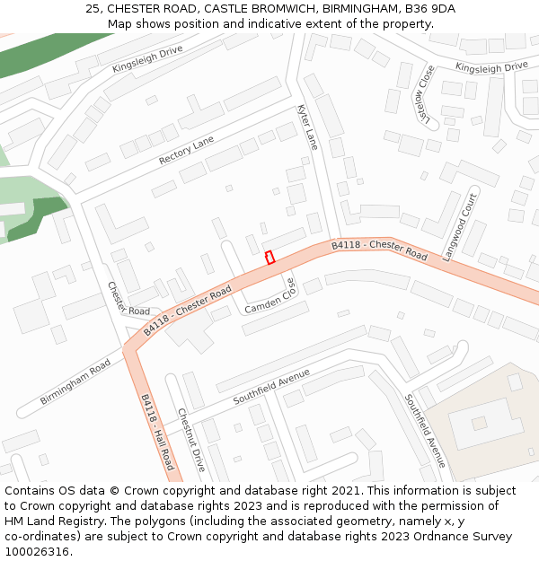 25, CHESTER ROAD, CASTLE BROMWICH, BIRMINGHAM, B36 9DA: Location map and indicative extent of plot