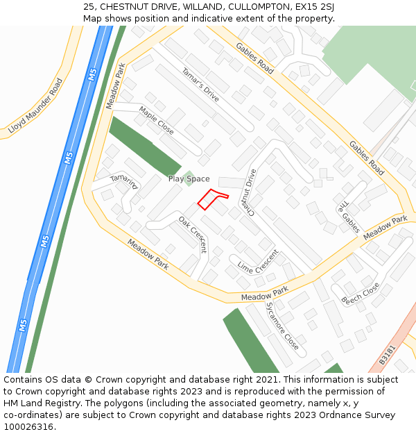 25, CHESTNUT DRIVE, WILLAND, CULLOMPTON, EX15 2SJ: Location map and indicative extent of plot