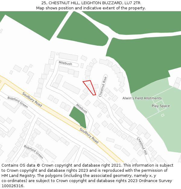 25, CHESTNUT HILL, LEIGHTON BUZZARD, LU7 2TR: Location map and indicative extent of plot