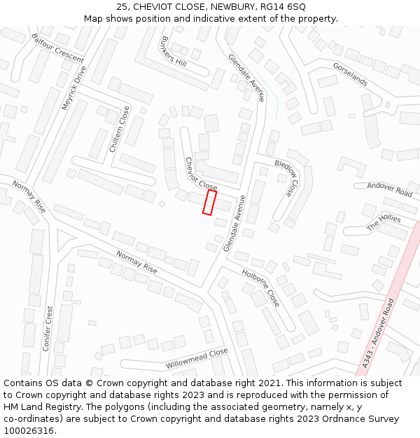 25, CHEVIOT CLOSE, NEWBURY, RG14 6SQ: Location map and indicative extent of plot