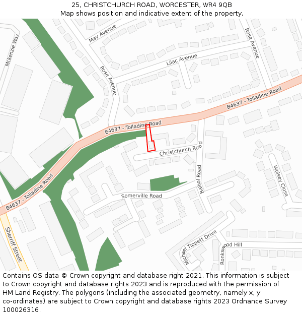 25, CHRISTCHURCH ROAD, WORCESTER, WR4 9QB: Location map and indicative extent of plot