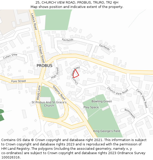 25, CHURCH VIEW ROAD, PROBUS, TRURO, TR2 4JH: Location map and indicative extent of plot