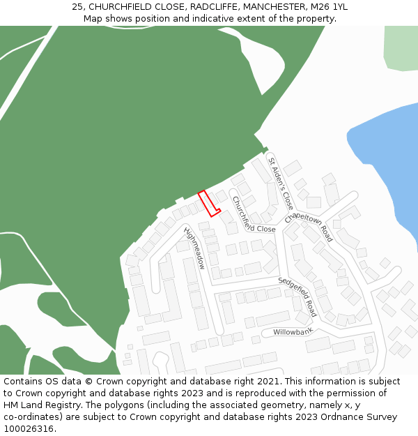 25, CHURCHFIELD CLOSE, RADCLIFFE, MANCHESTER, M26 1YL: Location map and indicative extent of plot