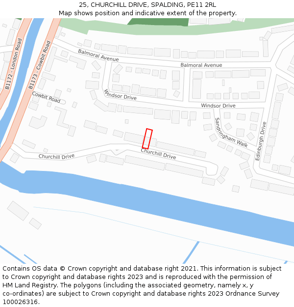 25, CHURCHILL DRIVE, SPALDING, PE11 2RL: Location map and indicative extent of plot