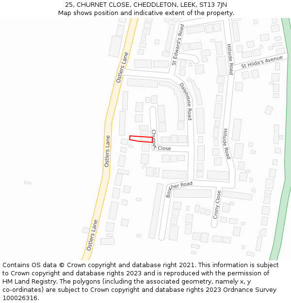 25, CHURNET CLOSE, CHEDDLETON, LEEK, ST13 7JN: Location map and indicative extent of plot