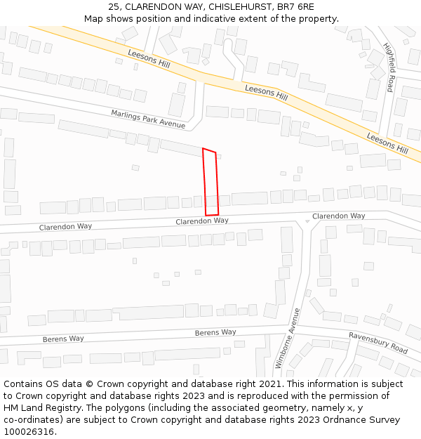 25, CLARENDON WAY, CHISLEHURST, BR7 6RE: Location map and indicative extent of plot