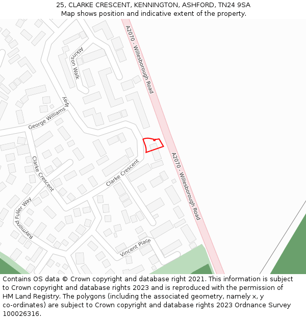 25, CLARKE CRESCENT, KENNINGTON, ASHFORD, TN24 9SA: Location map and indicative extent of plot