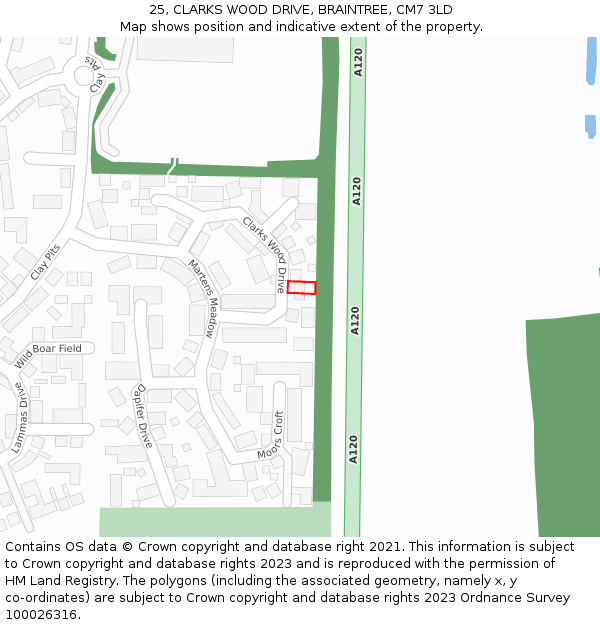 25, CLARKS WOOD DRIVE, BRAINTREE, CM7 3LD: Location map and indicative extent of plot