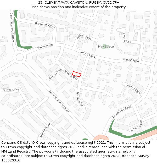 25, CLEMENT WAY, CAWSTON, RUGBY, CV22 7FH: Location map and indicative extent of plot