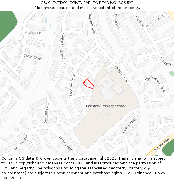 25, CLEVEDON DRIVE, EARLEY, READING, RG6 5XF: Location map and indicative extent of plot