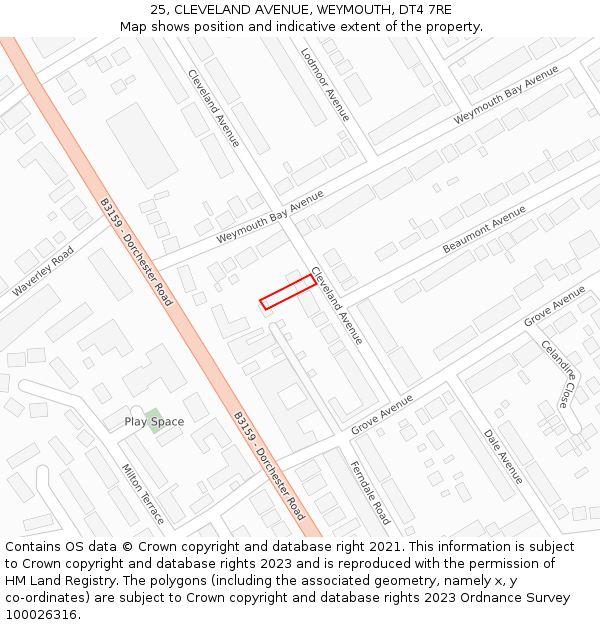 25, CLEVELAND AVENUE, WEYMOUTH, DT4 7RE: Location map and indicative extent of plot