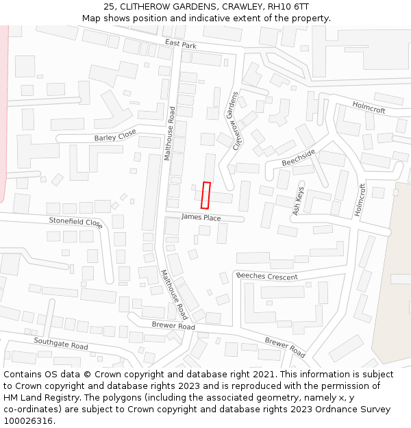 25, CLITHEROW GARDENS, CRAWLEY, RH10 6TT: Location map and indicative extent of plot