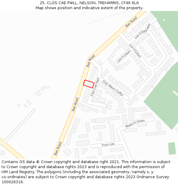 25, CLOS CAE PWLL, NELSON, TREHARRIS, CF46 6LA: Location map and indicative extent of plot