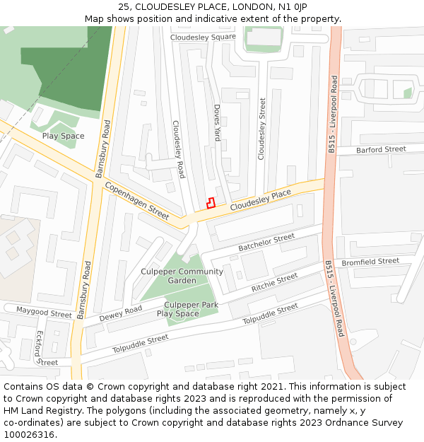 25, CLOUDESLEY PLACE, LONDON, N1 0JP: Location map and indicative extent of plot