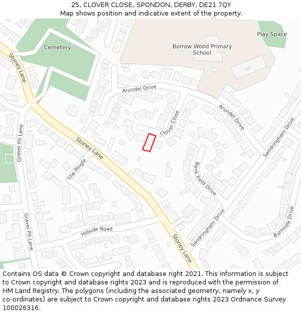 25, CLOVER CLOSE, SPONDON, DERBY, DE21 7QY: Location map and indicative extent of plot