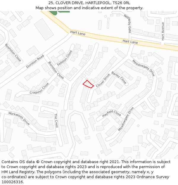 25, CLOVER DRIVE, HARTLEPOOL, TS26 0RL: Location map and indicative extent of plot