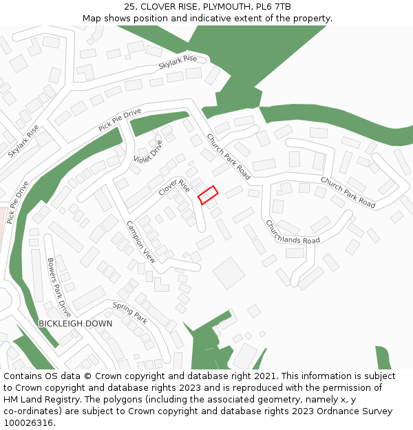 25, CLOVER RISE, PLYMOUTH, PL6 7TB: Location map and indicative extent of plot