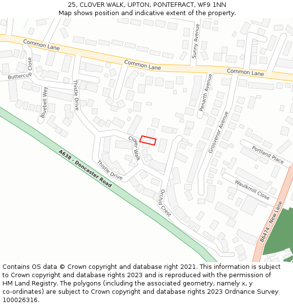 25, CLOVER WALK, UPTON, PONTEFRACT, WF9 1NN: Location map and indicative extent of plot