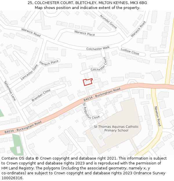 25, COLCHESTER COURT, BLETCHLEY, MILTON KEYNES, MK3 6BG: Location map and indicative extent of plot