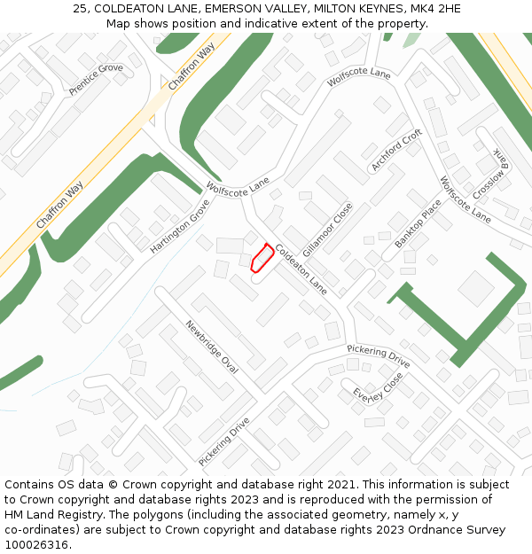 25, COLDEATON LANE, EMERSON VALLEY, MILTON KEYNES, MK4 2HE: Location map and indicative extent of plot