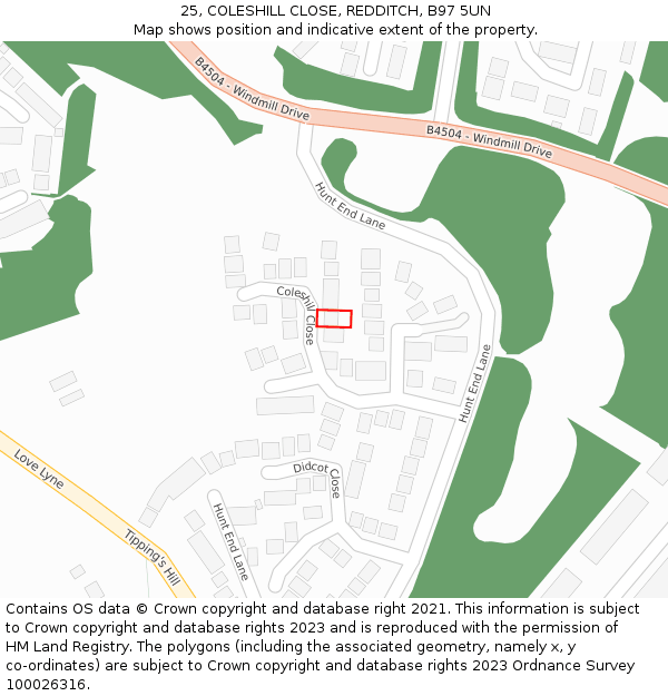 25, COLESHILL CLOSE, REDDITCH, B97 5UN: Location map and indicative extent of plot