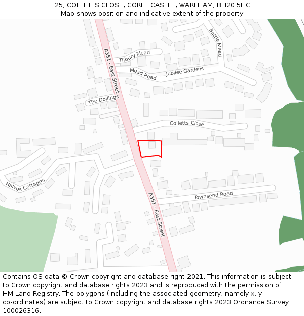 25, COLLETTS CLOSE, CORFE CASTLE, WAREHAM, BH20 5HG: Location map and indicative extent of plot