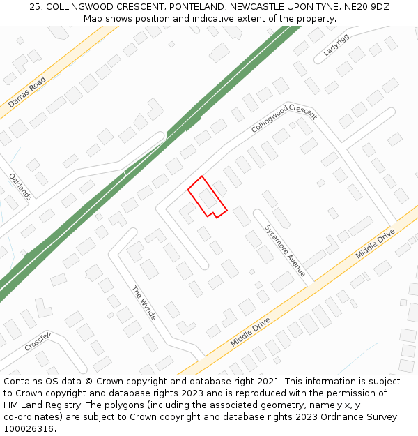 25, COLLINGWOOD CRESCENT, PONTELAND, NEWCASTLE UPON TYNE, NE20 9DZ: Location map and indicative extent of plot