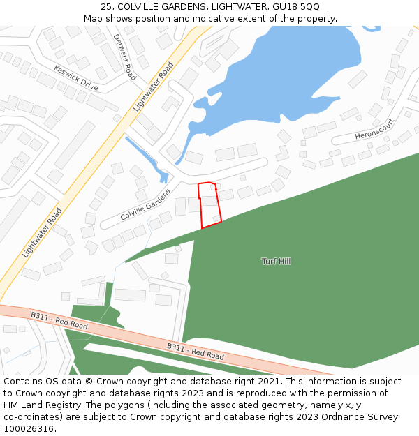 25, COLVILLE GARDENS, LIGHTWATER, GU18 5QQ: Location map and indicative extent of plot