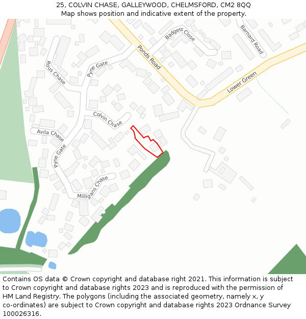 25, COLVIN CHASE, GALLEYWOOD, CHELMSFORD, CM2 8QQ: Location map and indicative extent of plot