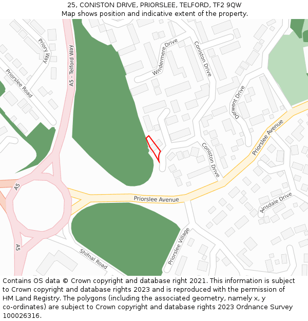 25, CONISTON DRIVE, PRIORSLEE, TELFORD, TF2 9QW: Location map and indicative extent of plot