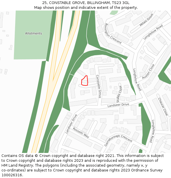 25, CONSTABLE GROVE, BILLINGHAM, TS23 3GL: Location map and indicative extent of plot