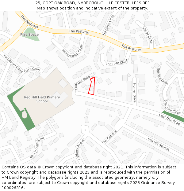 25, COPT OAK ROAD, NARBOROUGH, LEICESTER, LE19 3EF: Location map and indicative extent of plot