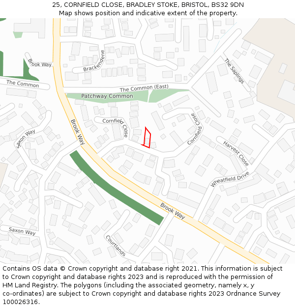 25, CORNFIELD CLOSE, BRADLEY STOKE, BRISTOL, BS32 9DN: Location map and indicative extent of plot