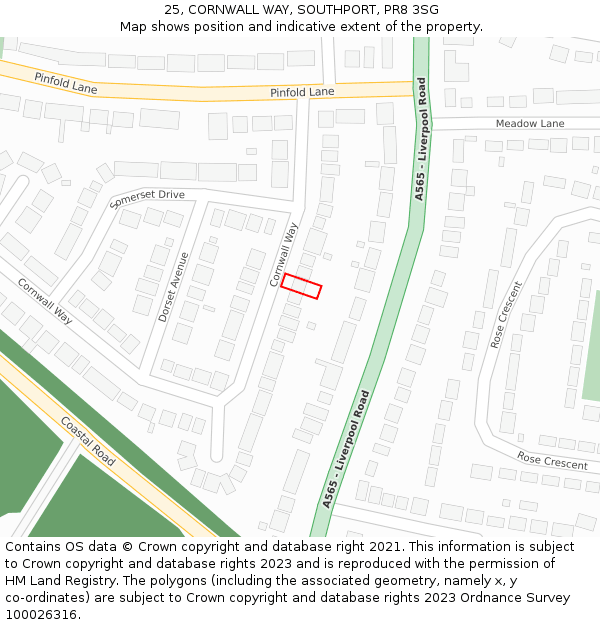 25, CORNWALL WAY, SOUTHPORT, PR8 3SG: Location map and indicative extent of plot