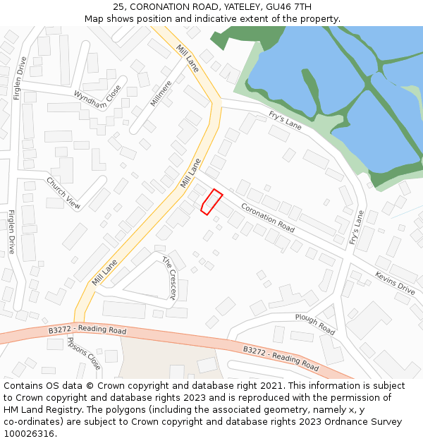 25, CORONATION ROAD, YATELEY, GU46 7TH: Location map and indicative extent of plot