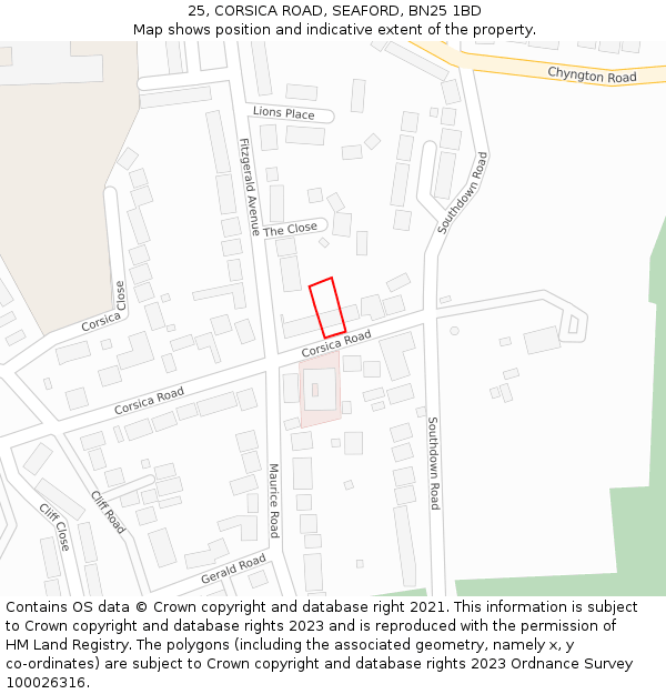 25, CORSICA ROAD, SEAFORD, BN25 1BD: Location map and indicative extent of plot