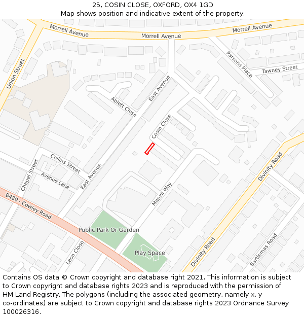 25, COSIN CLOSE, OXFORD, OX4 1GD: Location map and indicative extent of plot