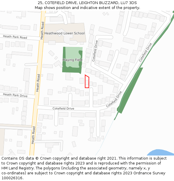 25, COTEFIELD DRIVE, LEIGHTON BUZZARD, LU7 3DS: Location map and indicative extent of plot